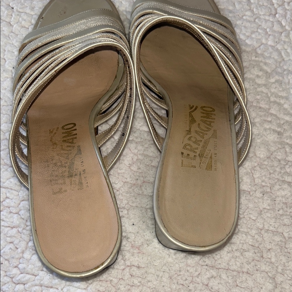 Salvatore Ferragamo Metallic Gold Strappy Mules - Picture 6 of 14